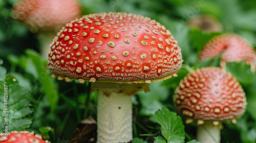 A fantastic mushroom forest, where giant mushrooms serve as a house for small fairys and gnomes,