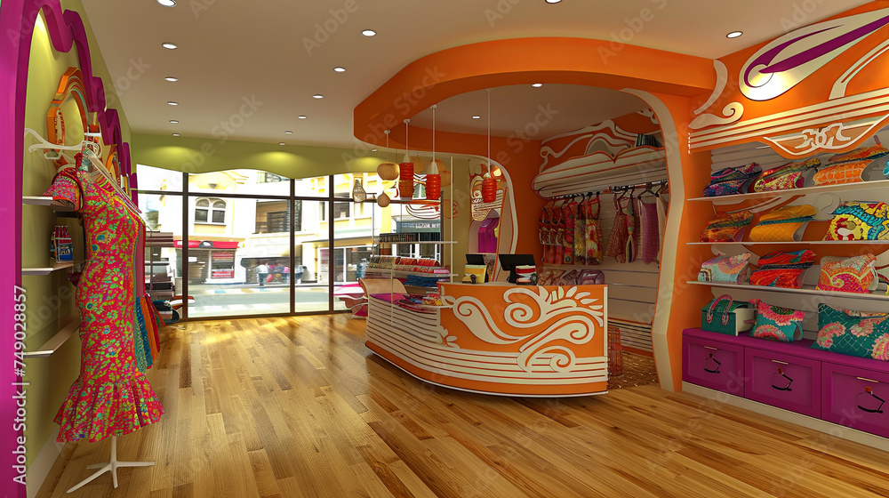 A futuristic store with round racks and luminous panels, creating the impression of an innova