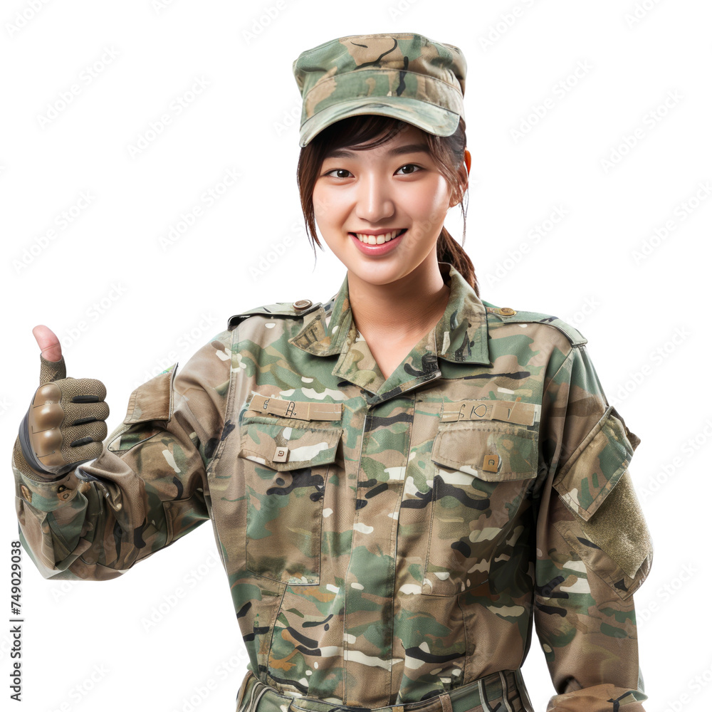 Portrait of asian female soldier, giving a thumbs up and smiling happily, waist up photo, isolated on white Portrait of asian female soldier, giving a thumbs up and smiling happily, waist up photo, isolated on white