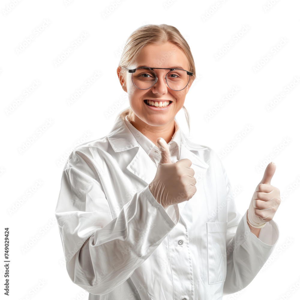 Portrait of white female scientist, giving a thumbs up and smiling happily, waist up photo, isolated on white Portrait of white female scientist, giving a thumbs up and smiling happily, waist up photo, isolated on white