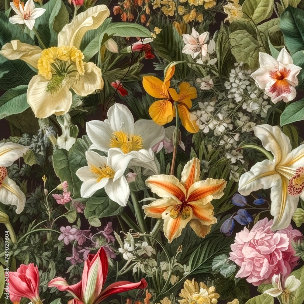 Fototapeta Seamless colorful spring flowers pattern, vintage wallpaper design. Generative ai