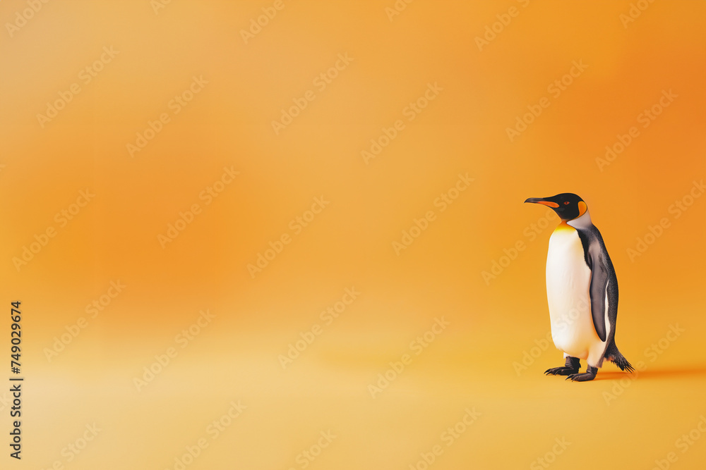 pingouin, oiseau marin noir et blanc avec le bec et la tête  à tâches orangées, aux pates palmées, vivant sur la banquise, sur un fond orange avec espace négatif pour texte copyspace - obrazy, fototapety, plakaty 