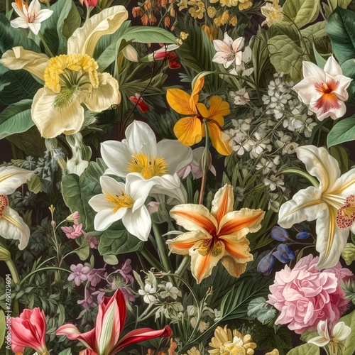 Seamless colorful spring flowers pattern, vintage wallpaper design. Generative ai