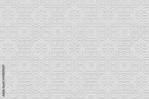Embossed white background, cover design. Handmade. Geometric decorative 3D pattern. Ornaments, arabesques, boho style. Exotic of the East, Asia, India, Mexico, Aztec, Peru. Ideas for design and decor.