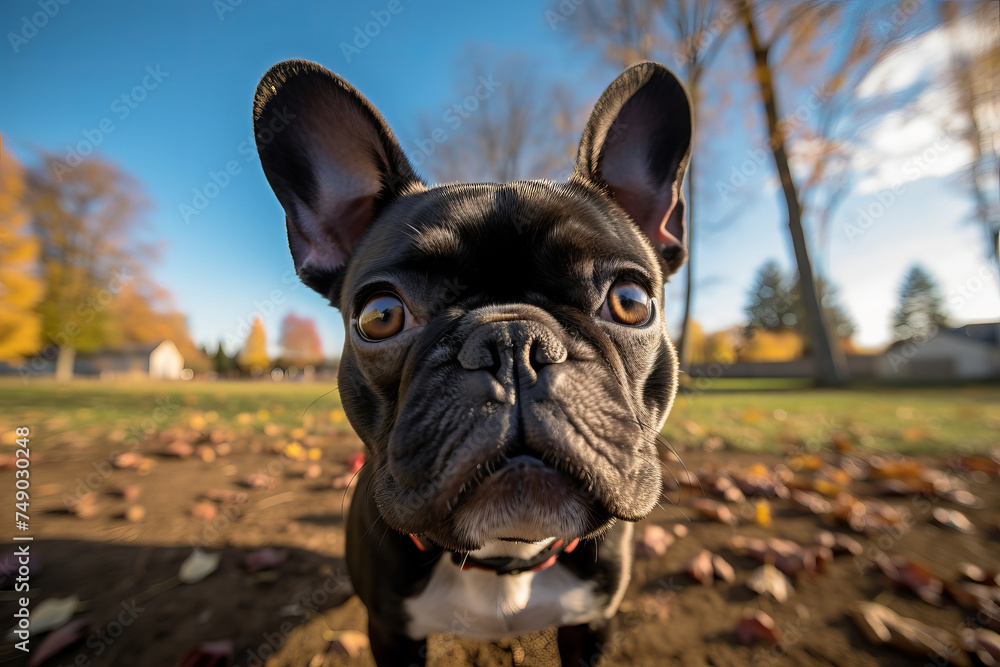 Up-close portrait of a curious French bulldog, showcasing a lovable canine expression. AI Generative.
