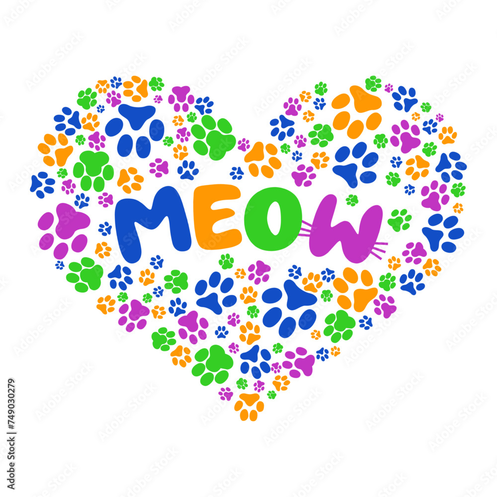 Colorful Heart with Cat's footprints and text meow vector illustration Colorful Heart with Cat's footprints and text meow vector illustration