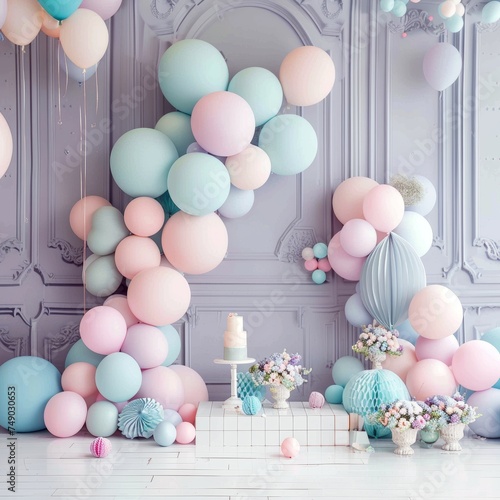cakesmash backdrop with pastel blues only and balloon arcade