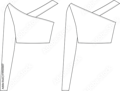 one shoulder strappy asymmetric neck long sleeve crop cropped blouse template technical drawing flat sketch cad mockup fashion woman design style model
