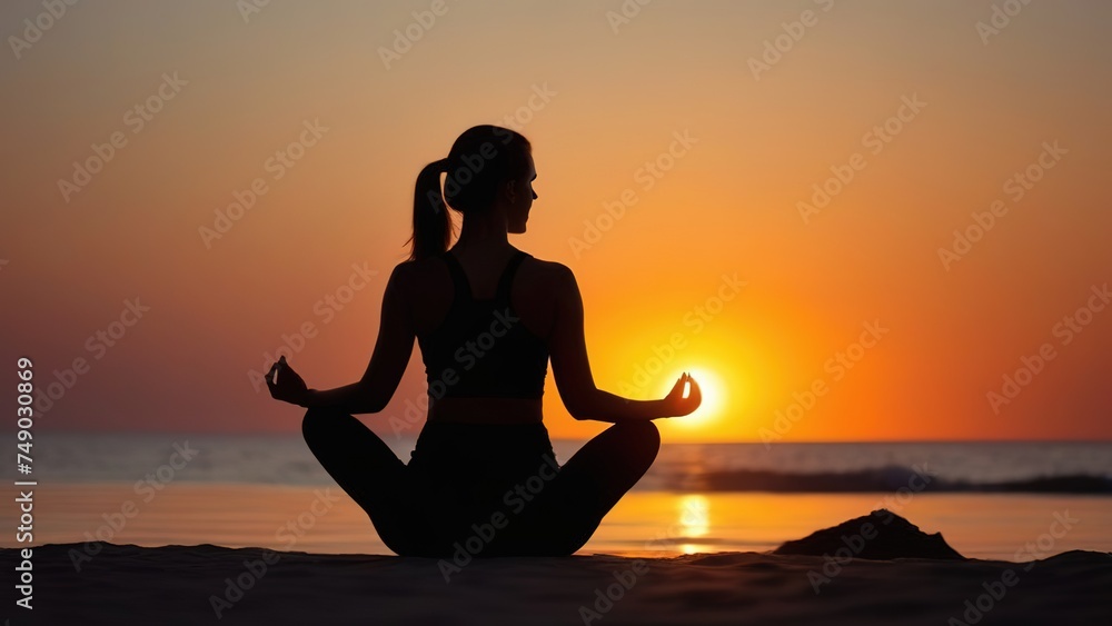 Silhouette of a girl at sunset doing yoga and meditation, A young healthy woman doing yoga on the beach at sunset