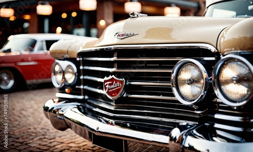 This classic car's cream-colored body and detailed grille stand out in the evening ambiance. The emblem and headlights are a testament to the vehicle's enduring legacy and craftsmanship. AI generation © Anastasiia