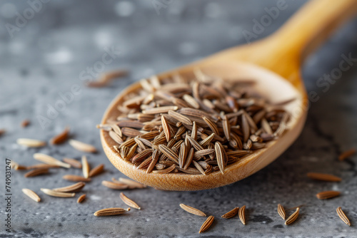 light brown fragrant caraway spice in wooden spoon close up. High quality photo