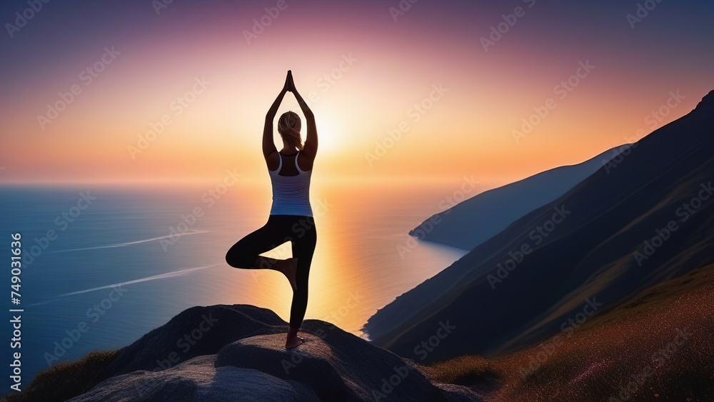Silhouette of a girl at sunset doing yoga and meditation, A young healthy woman doing yoga on the beach at sunset