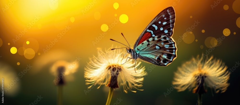 A butterfly rests on top of a dandelion flower, its delicate wings spread open. The scene captures the interaction between the insect and the vibrant yellow bloom.