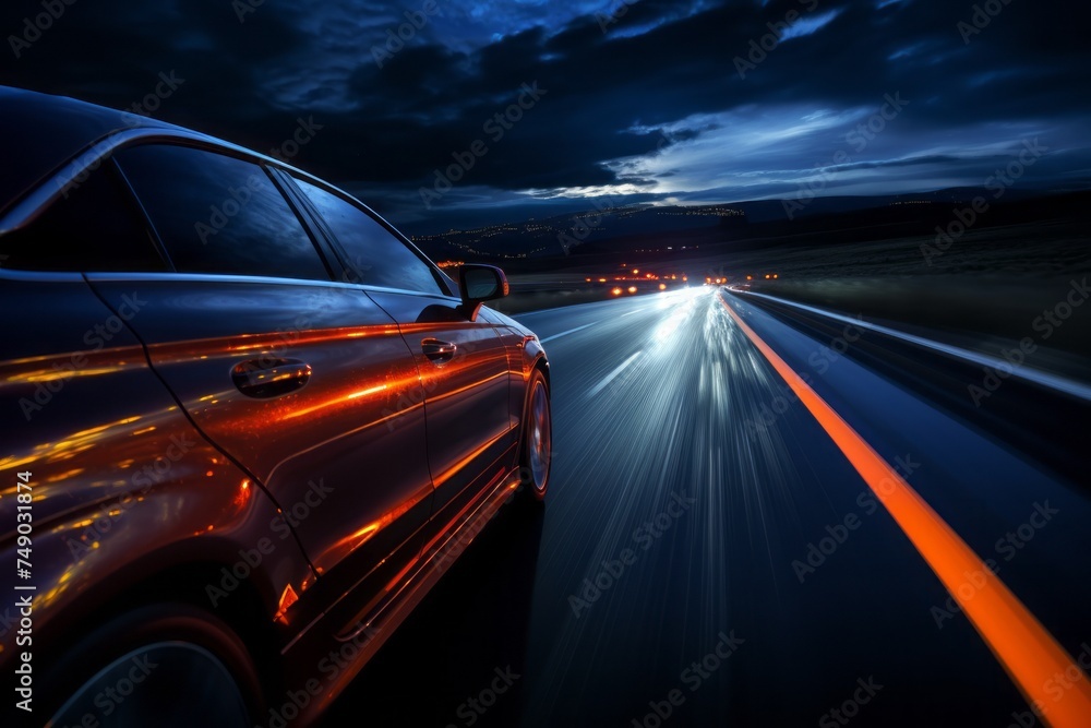 A red car is driving down a dark road at night