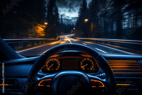 A car is driving down a road at night with the driver looking ahead