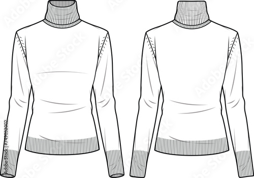 Women's Basic Roll-Neck, Fitted Jumper. Technical fashion illustration. Front and back, white color. Women's CAD mock-up.