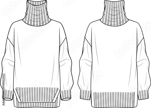 Women's Roll Neck, Drop Shoulder Jumper. Technical fashion illustration. Front and back, white color. Women's CAD mock-up.