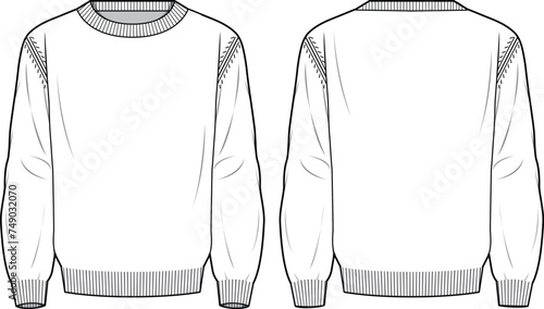 Men's Basic Regular Fit Jumper, Technical fashion illustration. Front and back, white color. Men's CAD mock-up.