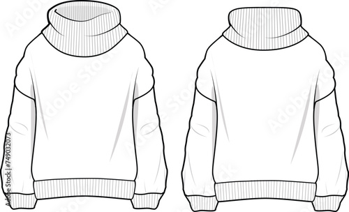 Women's Roll Neck Jumper. Technical fashion illustration. Front and back, white color. Women's CAD mock-up.