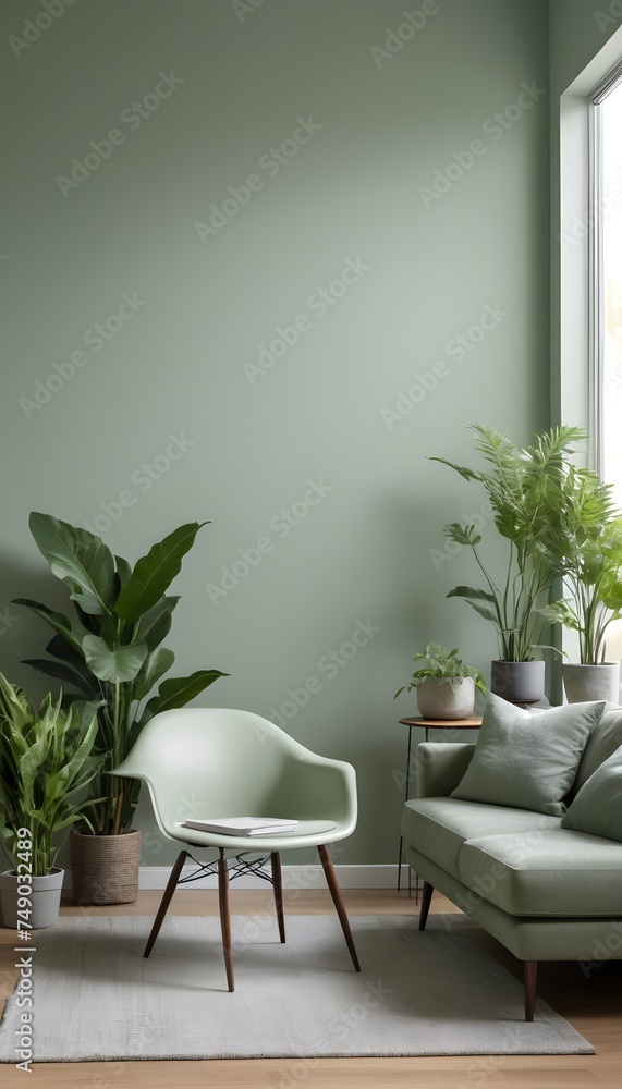 A monochromatic sage green wall adorns this pleasant modern living room. Modern home design featuring a table, chair, houseplants, and contemporary wall color. 