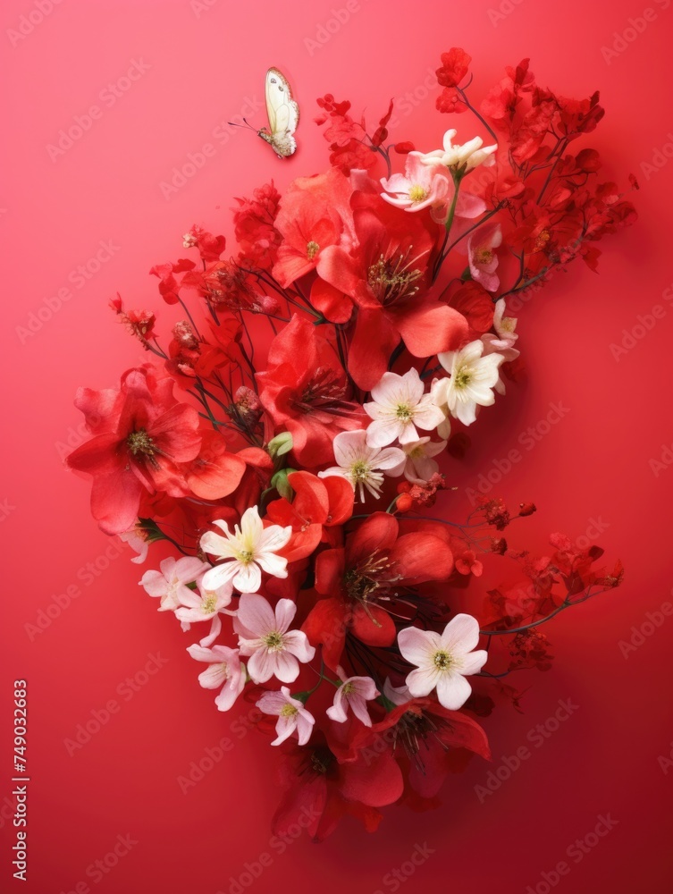 red background or texture with spring flowers. template, greeting card for Mother's Day, March 8 red background or texture with spring flowers. template, greeting card for Mother's Day, March 8