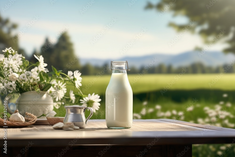 Fresh milk on rustic table in front of blurred countryside and meadow background. healthy eating. delicious fresh drink Fresh milk on rustic table in front of blurred countryside and meadow background. healthy eating. delicious fresh drink