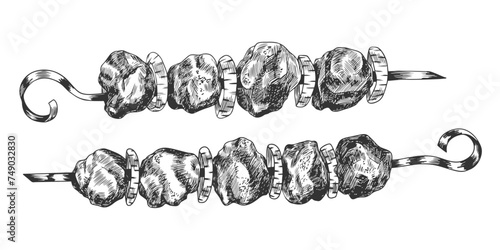 Hand drawn shish kebab on skewer isolated on white background. Sketch style grilled meat