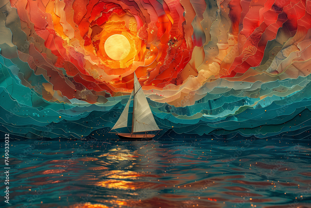 A realistic painting of a sailboat gliding across the ocean waves, surrealism, sunset or sunrise - obrazy, fototapety, plakaty 