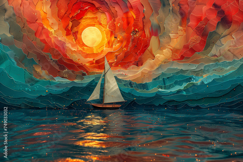 A realistic painting of a sailboat gliding across the ocean waves, surrealism, sunset or sunrise