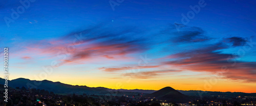 Panorama of sunset, sunrise, over mountains, sky