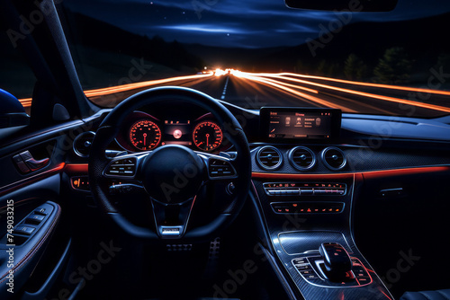 A car's dashboard is lit up with red lights