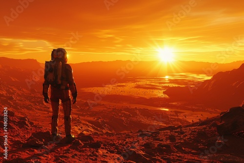 A man in a spacesuit stands on a rocky, red planet, looking out at the sun