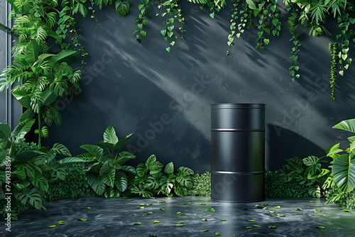 A black trash can stands in front of a black wall with green ivy leaves  mockups