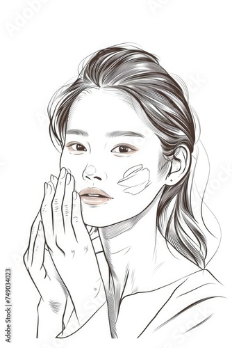 illustration of an asian beautiful woman applying cream to her face on a white background