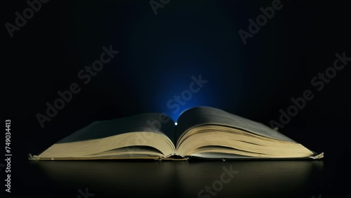 a mystical book, an enchanted book, a fabulous book, a book opens, blue smoke comes out of it