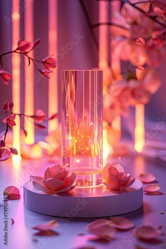 Illuminated vase with floating sparks among flowers