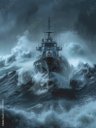 Naval ship battles through high waves in a dramatic stormy sea scene