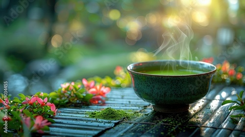 Steaming bowl of green tea surrounded by vibrant flowers and bamboo mat