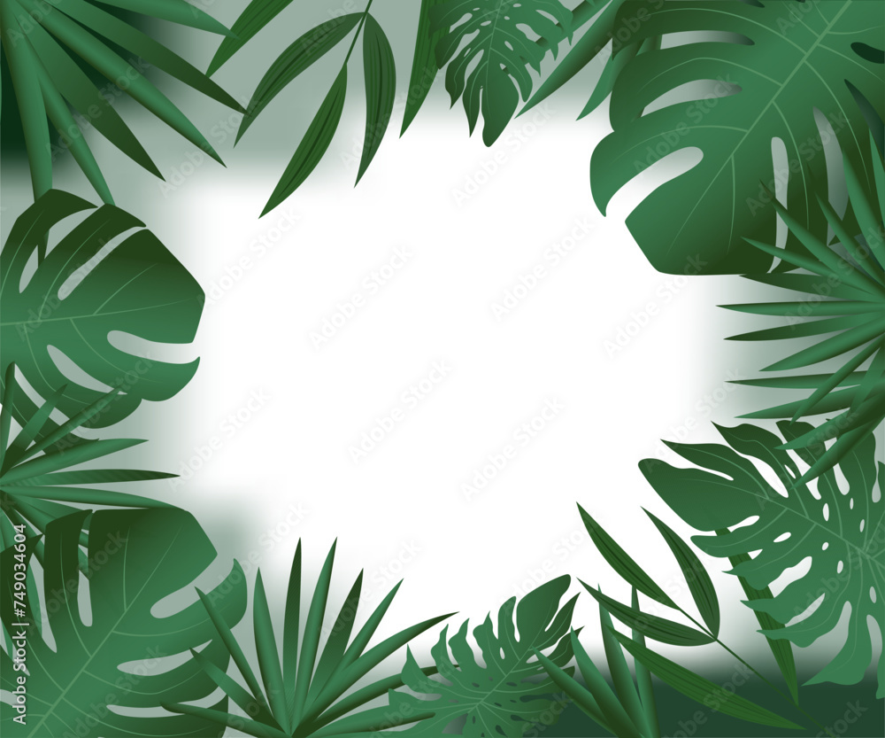 Background with tropical leaves. Green leaves of monstera and palm tree. Concept of nature, ecological agenda. Background suitable for eco products, for cosmetics and pure fruits and vegetables.