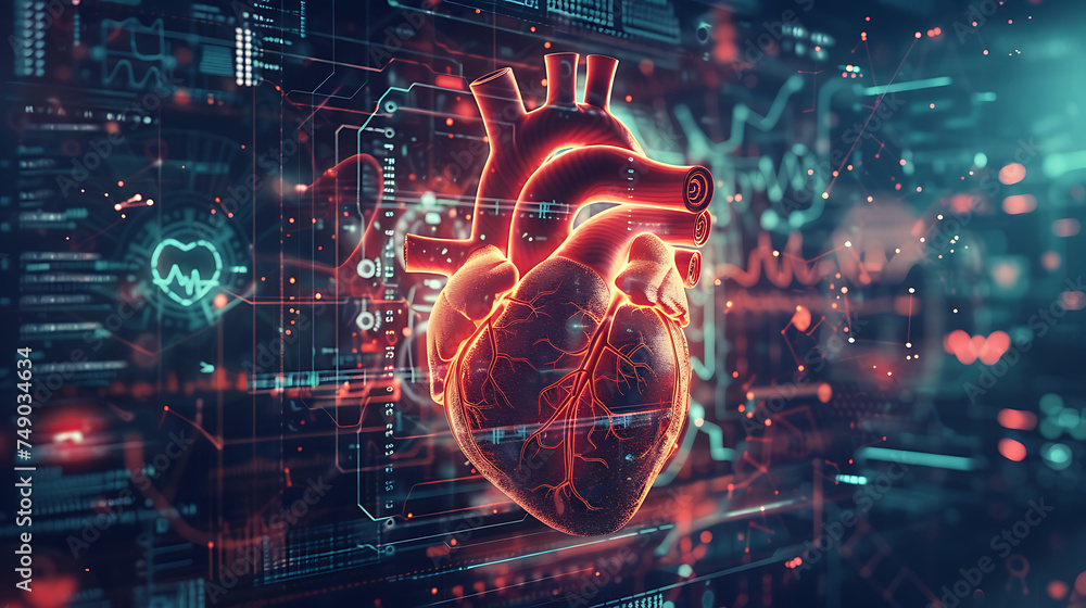 This captivating image portrays a digitally enhanced human heart surrounded by an array of holographic and futuristic elements
This captivating image portrays a digitally enhanced human heart surrounded by an array of holographic and futuristic elements