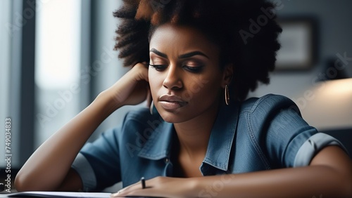 A tense African-American woman holds her head in her hands, feeling tired, sitting at an office desk and working online on a laptop. Portrait of an exhausted manager or secretary in the workplace photo