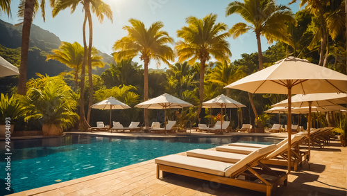 sun lounger with umbrella by the pool, hotel tropical