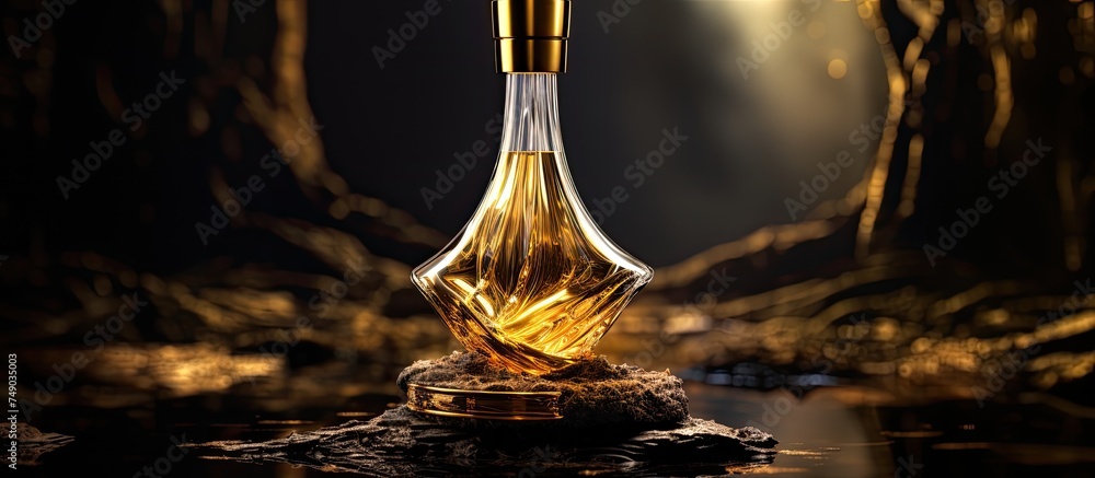 A bottle of perfume, gold in color and encased in an elegant design, sits atop a table. The luxurious elixir inside reflects the light, creating a dazzling display.