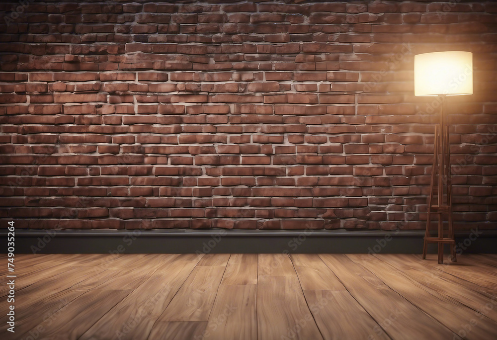 Brick wall wooden floor and lamps background 3d render Brick wall wooden floor and lamps background 3d render