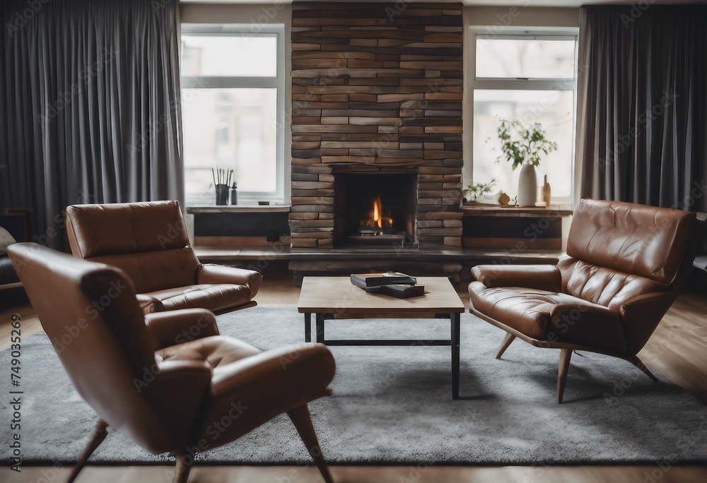 Brown leather chairs and grey sofa in room with fireplace Mid-century style home interior design of Brown leather chairs and grey sofa in room with fireplace Mid-century style home interior design of