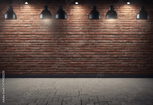 Brick wall concrete floor and lamps background 3d render