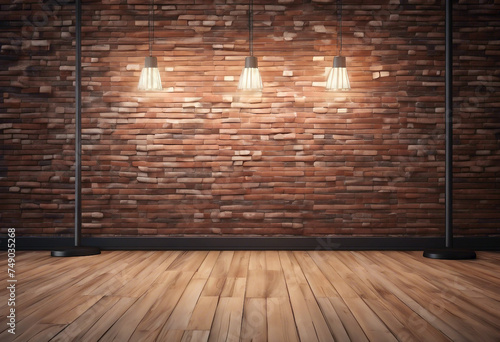 Brick wall wooden floor and lamps background 3d render