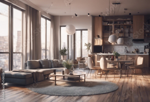 Modern interior apartment panorama 3d render
