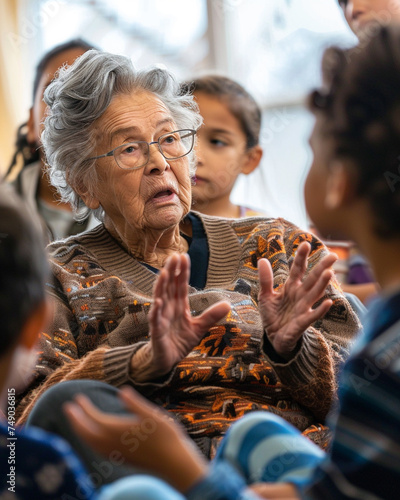Photo of a senior woman sharing life stories with grandchildren with a close up on her hands gesturing and the captivated faces of the children highlighting intergenerational bonds