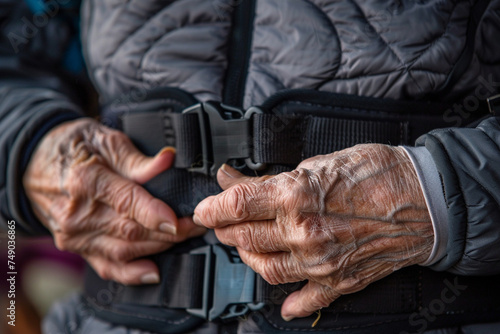 Photo of an elderly individual fitting a back support belt with a close up on their hands fastening the belt highlighting back support for improved posture and mobility